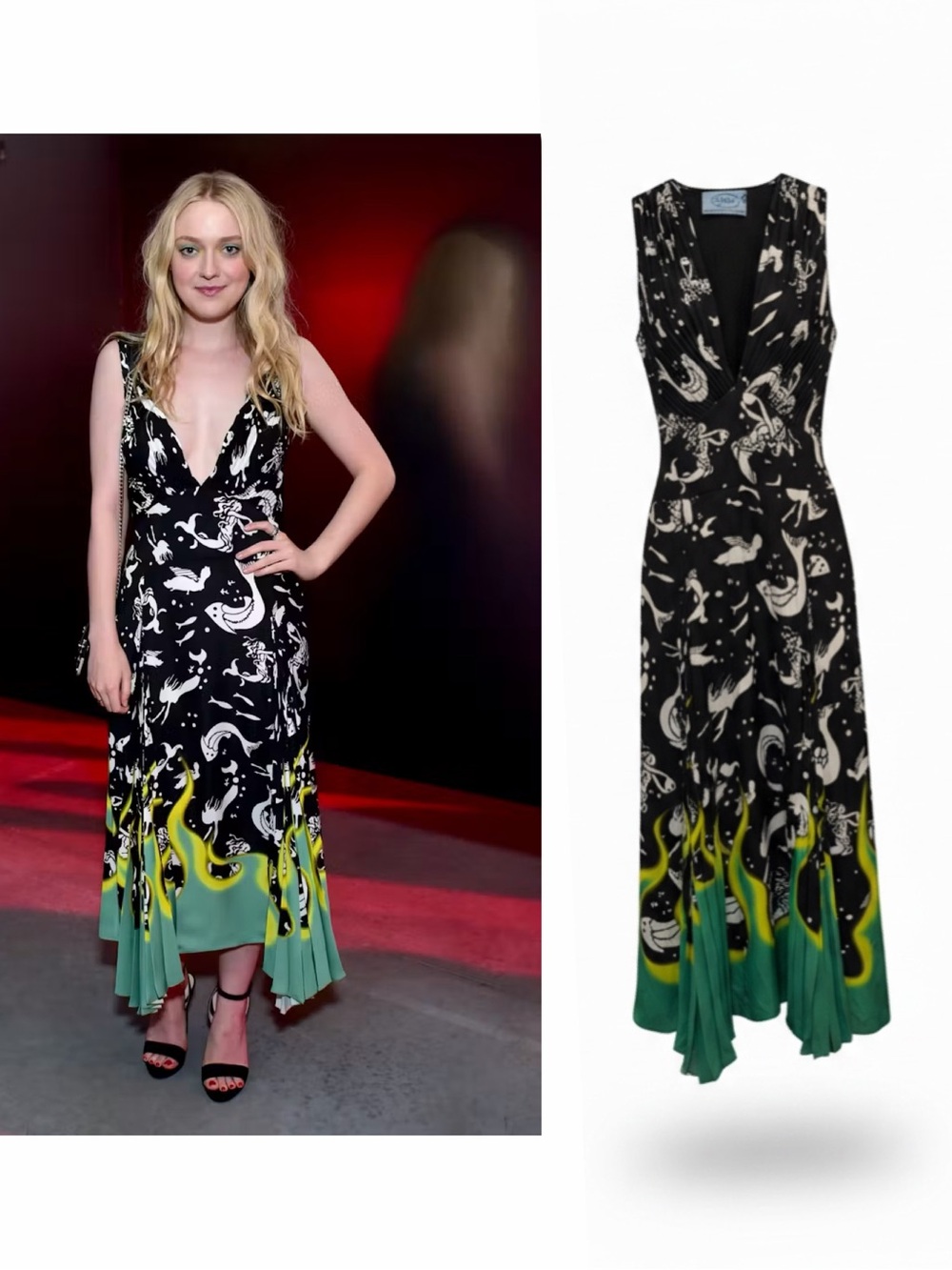Prada Black Zodiac Flames Pleated Midi Dress IT38 US2 Cocktail NWT Flaws 🟡